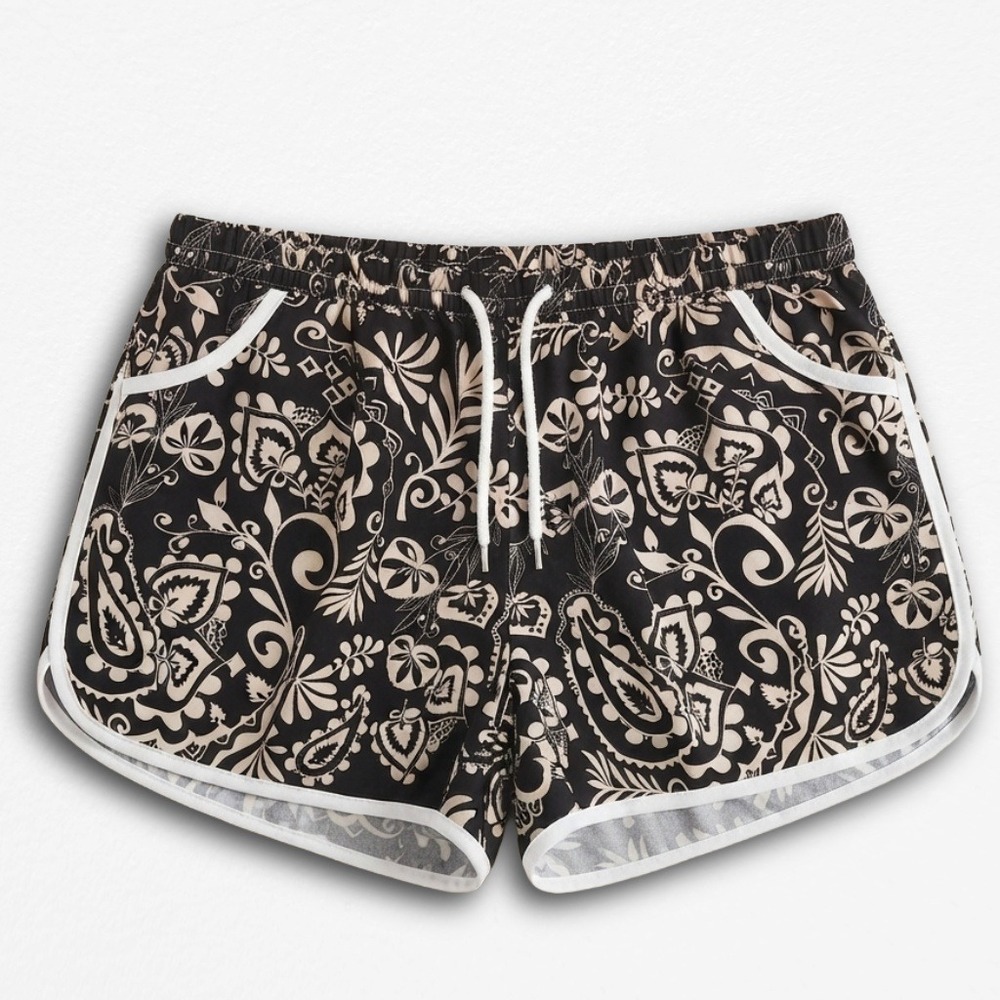Unbranded Womens Black White Paisley Board Shorts Dolphin Hem Drawstring XL 2XL